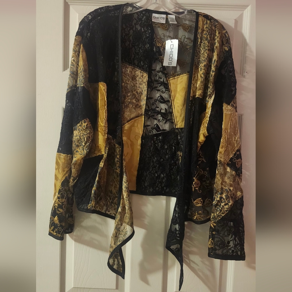 Chicos Black and Gold Patchwork Jacket NWT - image 1
